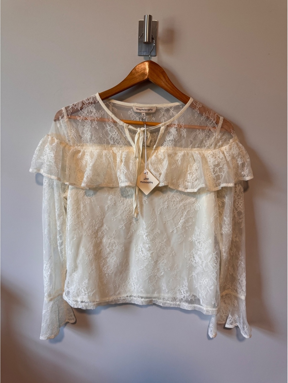 NWT Nine Philosophy Ivory Sheer Lace Ruffle Top Tie Neck Boho Sz M